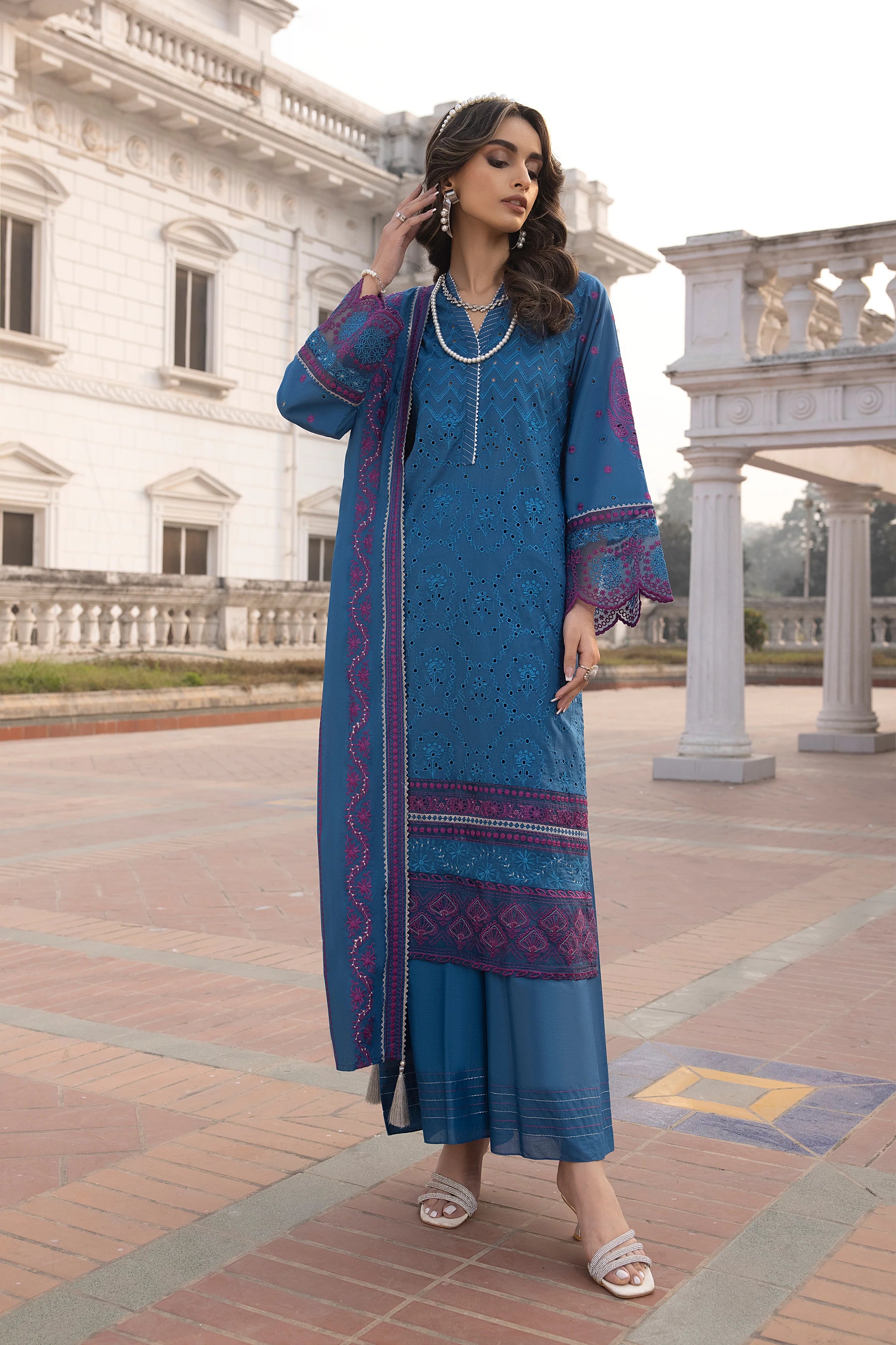 LSM LAKHANY 3 PIECE EMBROIDERED LAWN SUIT - DARK BLUE (UNSTITCHED)