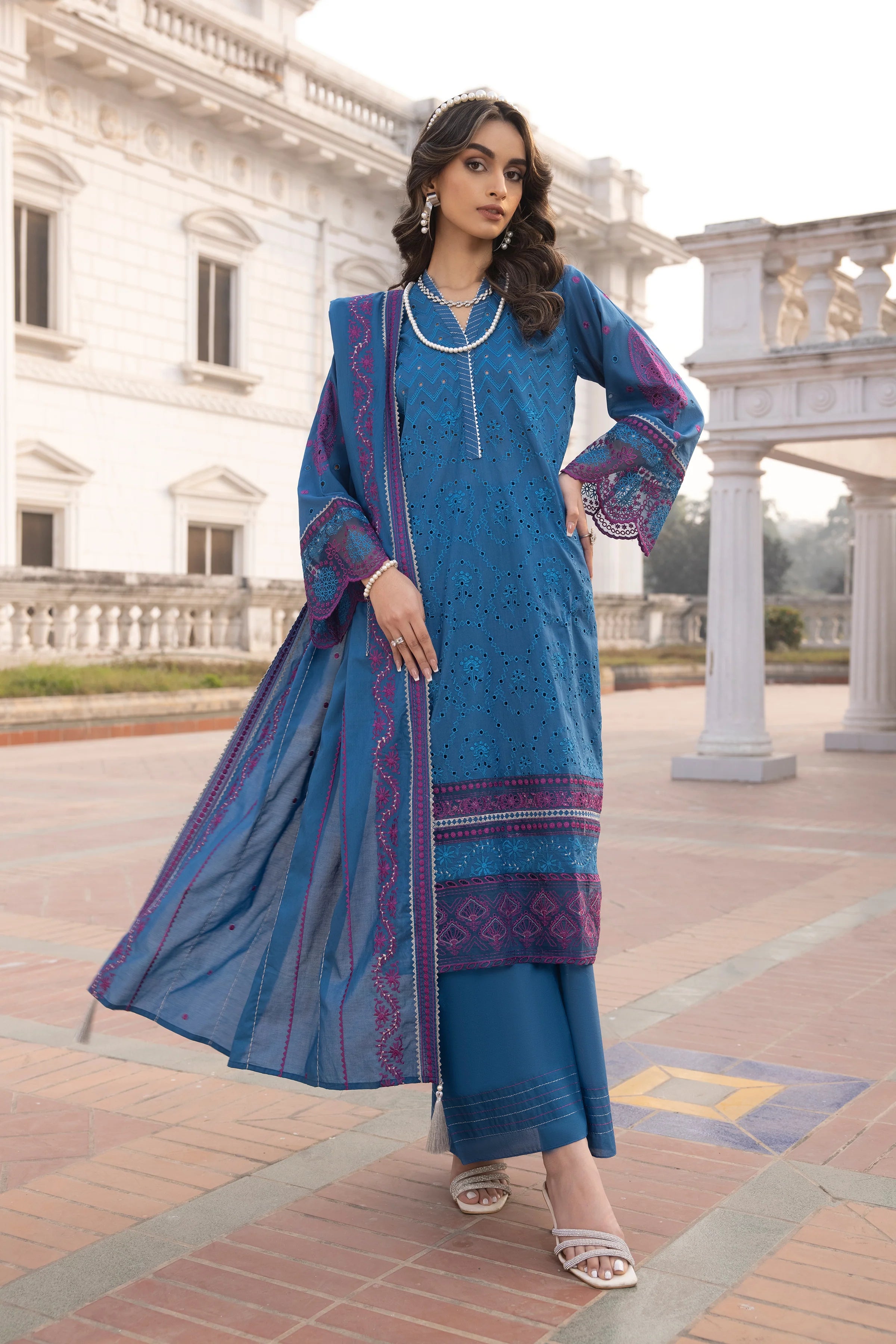 LSM LAKHANY 3 PIECE EMBROIDERED LAWN SUIT - DARK BLUE (UNSTITCHED)