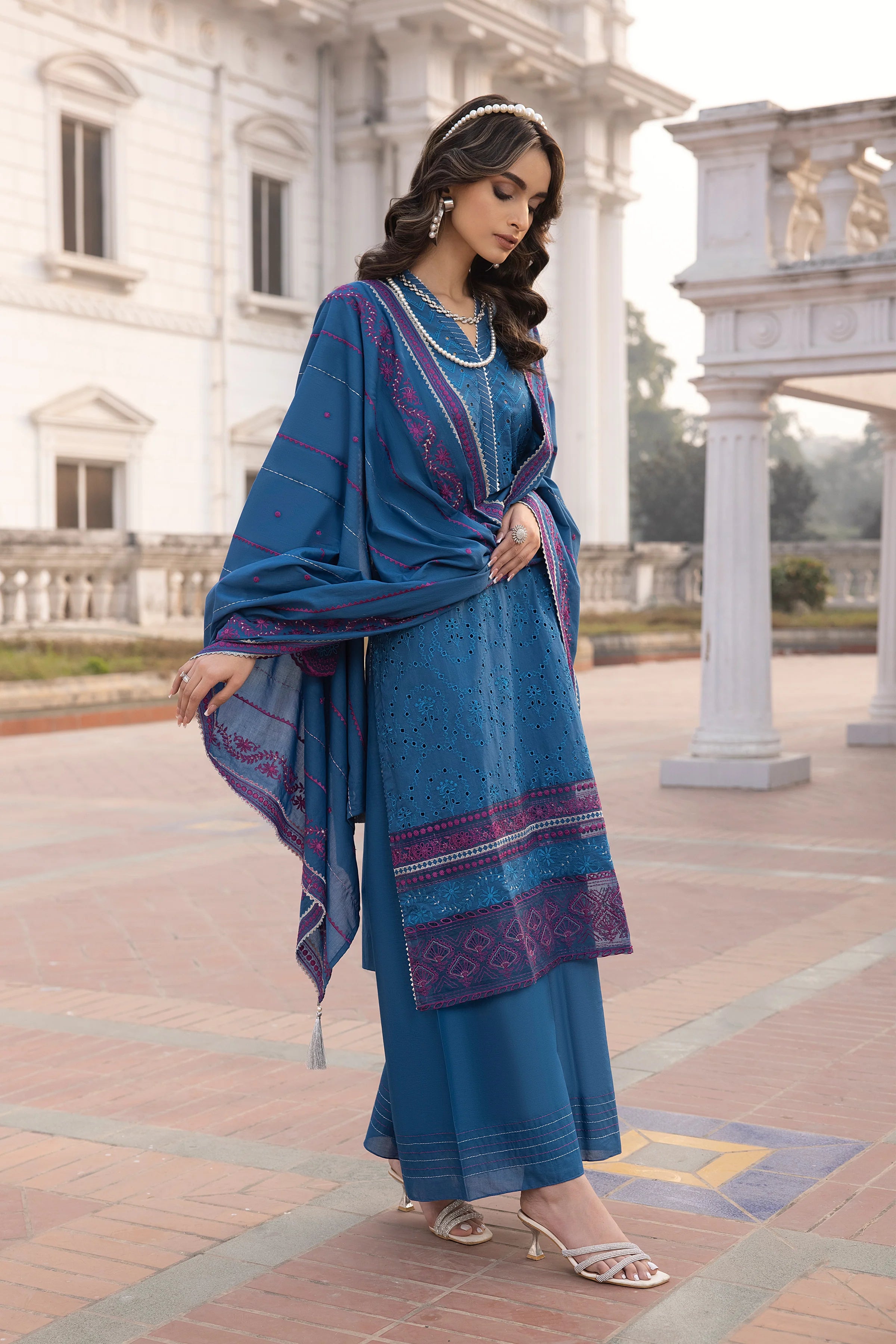 LSM LAKHANY 3 PIECE EMBROIDERED LAWN SUIT - DARK BLUE (UNSTITCHED)