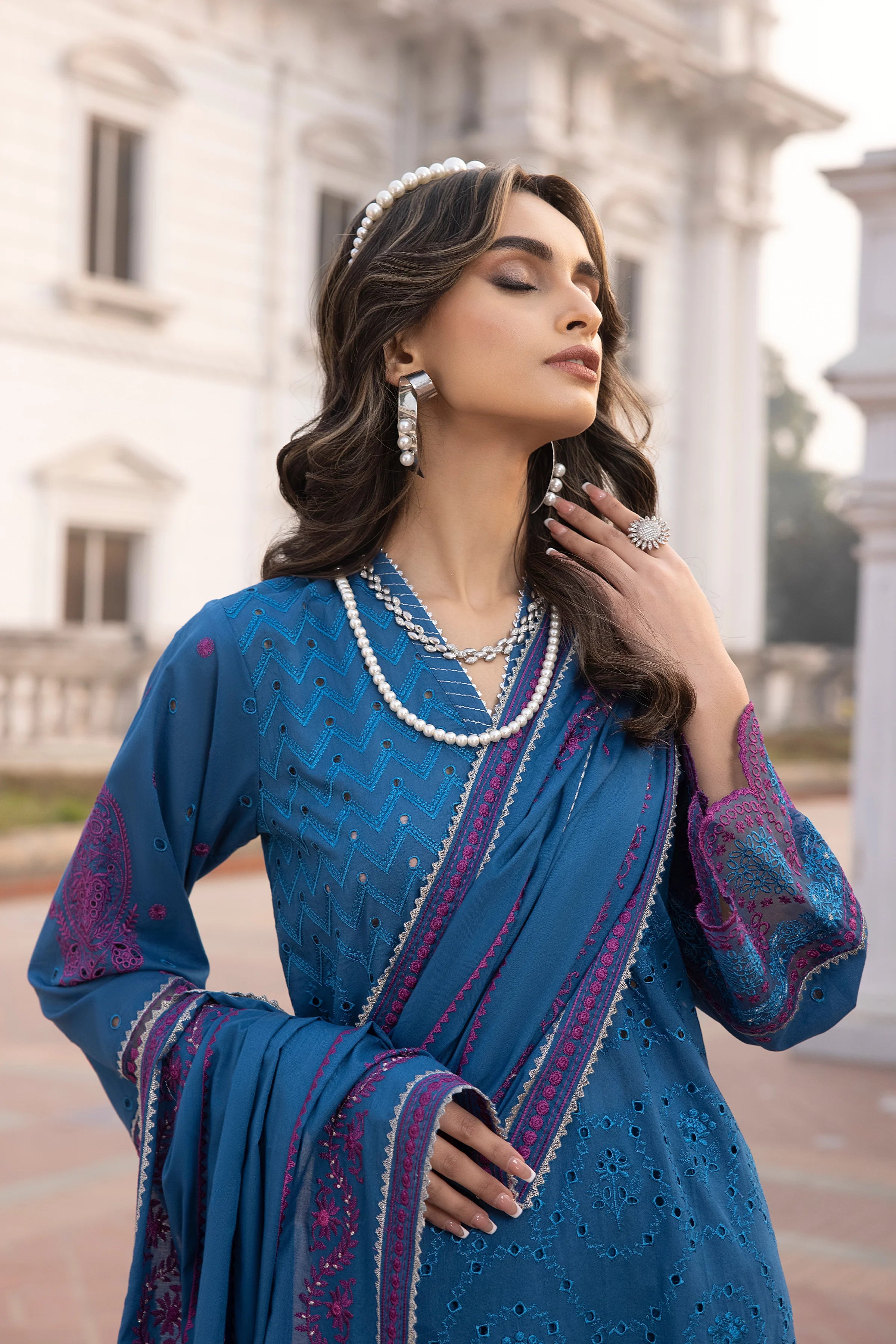 LSM LAKHANY 3 PIECE EMBROIDERED LAWN SUIT - DARK BLUE (UNSTITCHED)