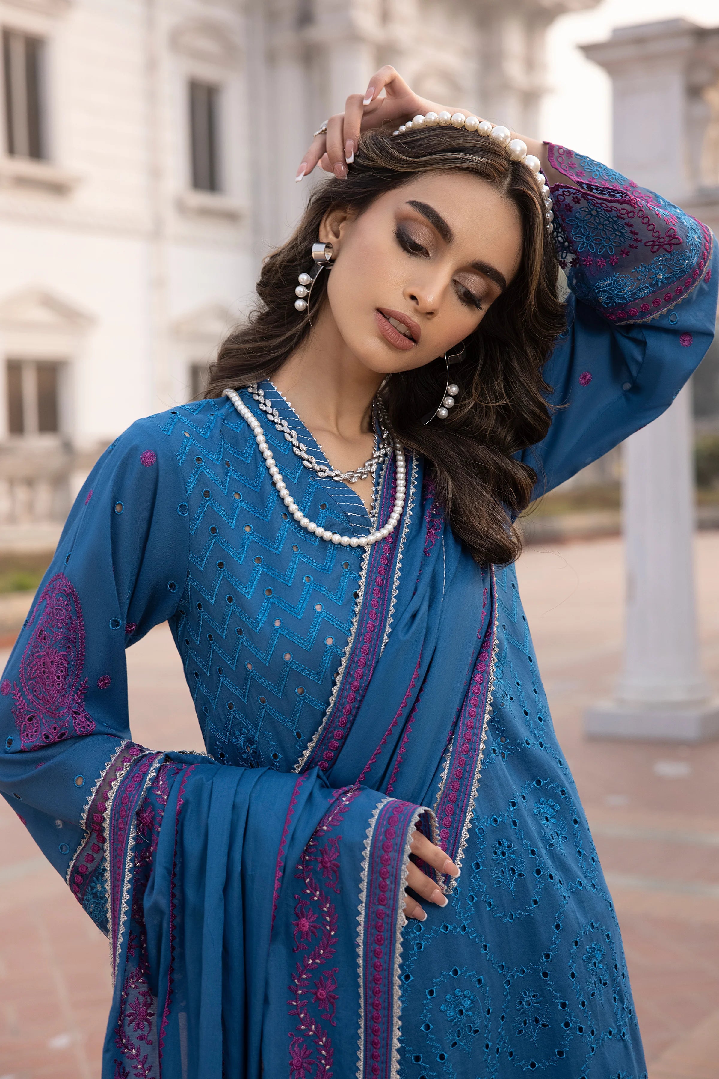 LSM LAKHANY 3 PIECE EMBROIDERED LAWN SUIT - DARK BLUE (UNSTITCHED)