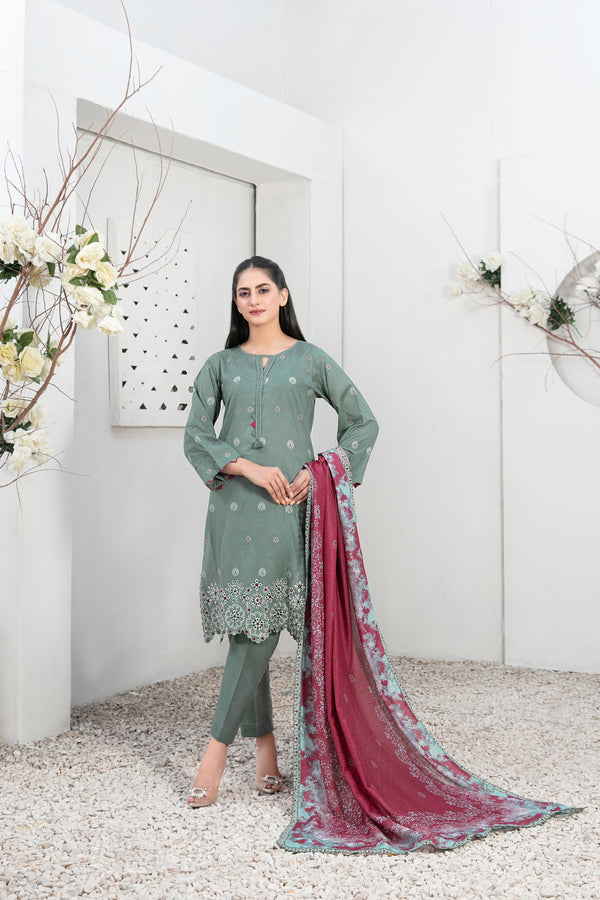 TAWAKKAL FABRICS - 3 PIECE EMBROIDERED LAWN SUIT - GREEN (PRET)