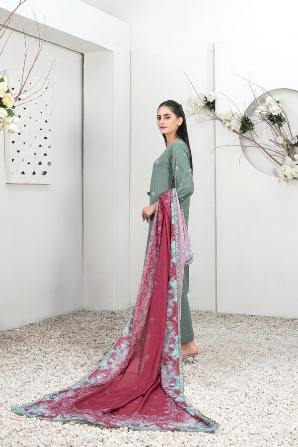 TAWAKKAL FABRICS - 3 PIECE EMBROIDERED LAWN SUIT - GREEN (PRET)