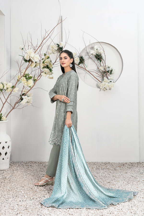 TAWAKKAL FABRICS - 3 PIECE EMBROIDERED LAWN SUIT - GREY (PRET)