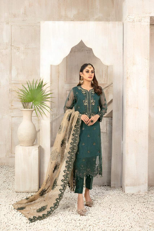 TAWAKKAL FABRICS 3 - PIECE EMBROIDERED ORGANZA SUIT - GREEN (UNSTITCHED)