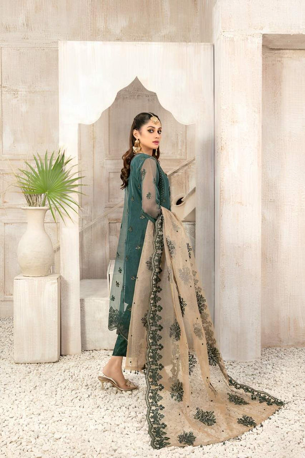 TAWAKKAL FABRICS 3 - PIECE EMBROIDERED ORGANZA SUIT - GREEN (UNSTITCHED)