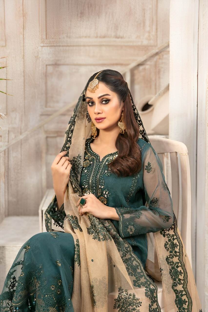 TAWAKKAL FABRICS 3 - PIECE EMBROIDERED ORGANZA SUIT - GREEN (UNSTITCHED)