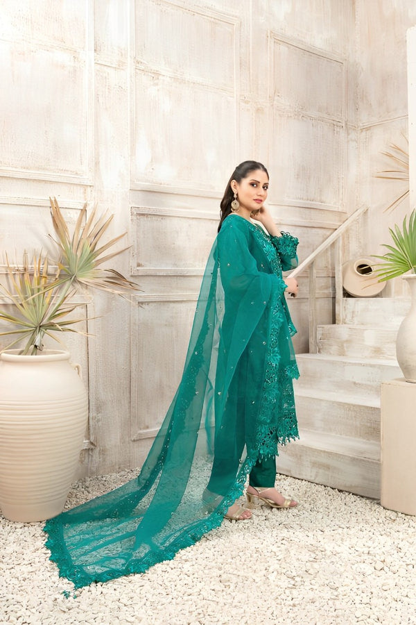 TAWAKKAL FABRICS - 3 PIECE EMBROIDERED ORGANZA SUIT - SEA GREEN (UNSTITCHED)