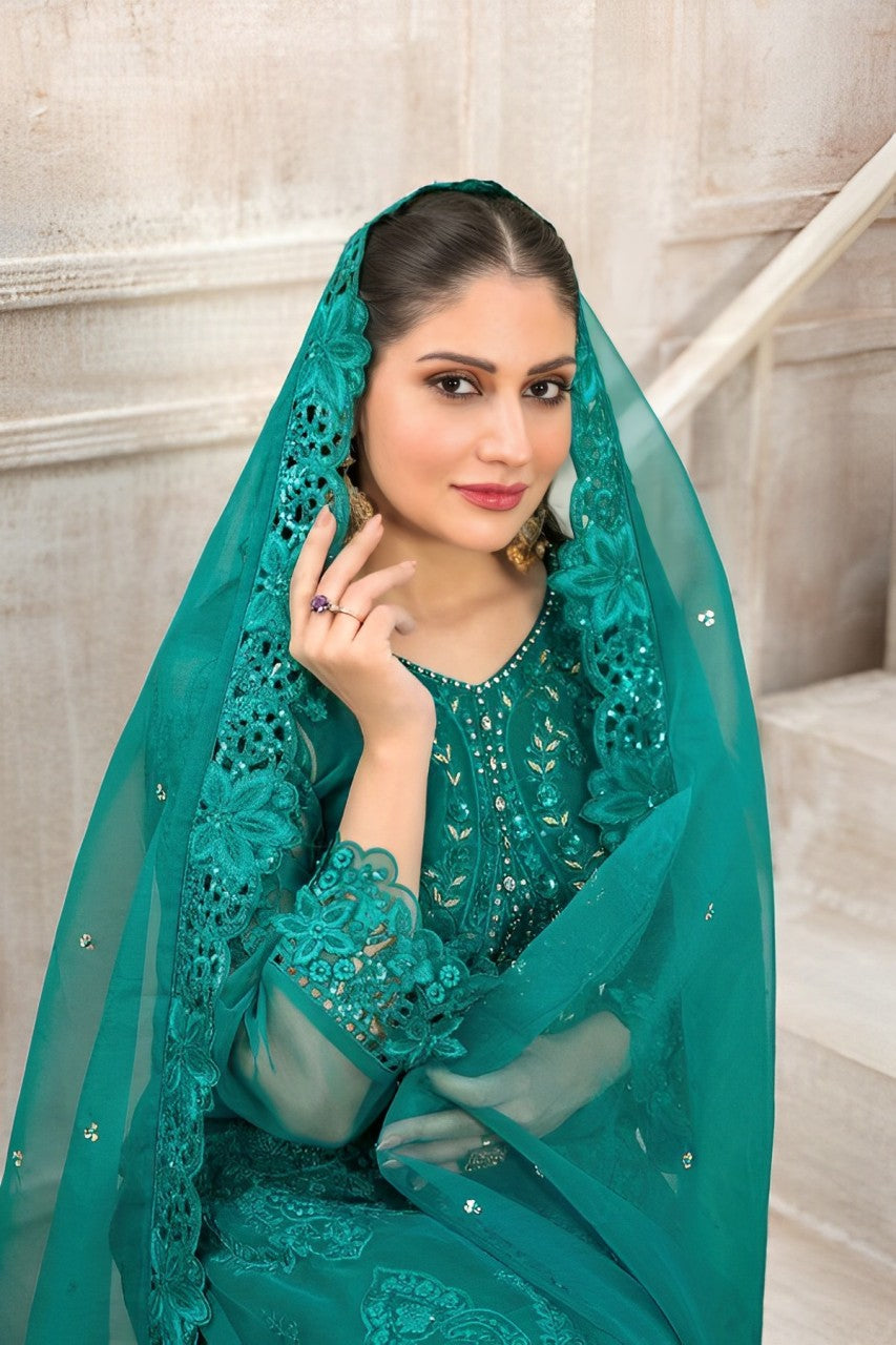 TAWAKKAL FABRICS - 3 PIECE EMBROIDERED ORGANZA SUIT - SEA GREEN (UNSTITCHED)