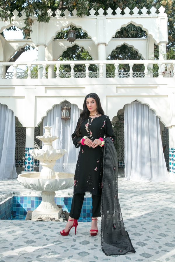 TAWAKKAL FABRICS 3 - PIECE EMBROIDERED CHIFFON SUIT - BLACK (PRET)