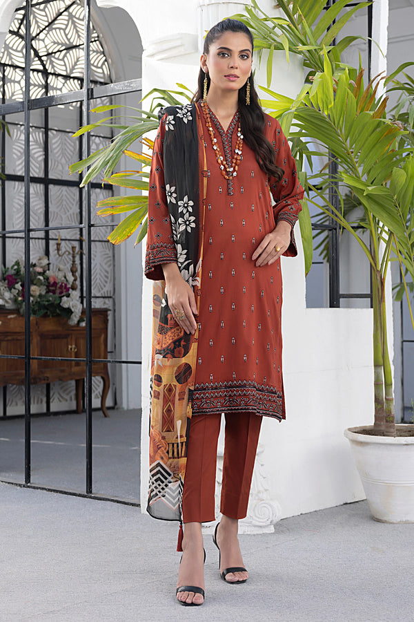 LAKHANY 3 - PIECE EMBROIDERED LAWN SUIT - ORANGE (UNSTITCHED)