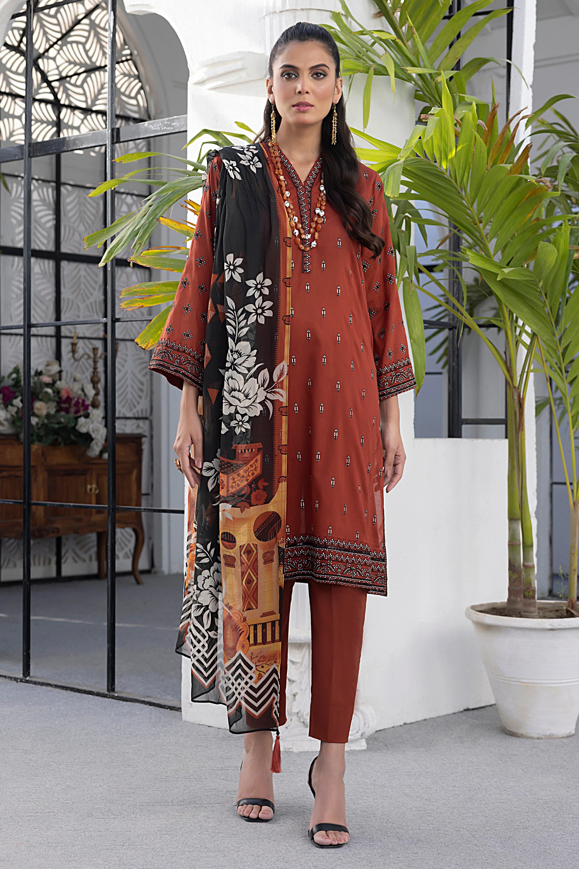 LAKHANY 3 - PIECE EMBROIDERED LAWN SUIT - ORANGE (UNSTITCHED)