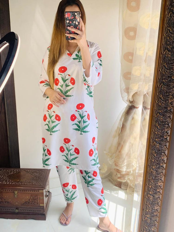 Women's 2 Piece Stitched Printed Linen Suit