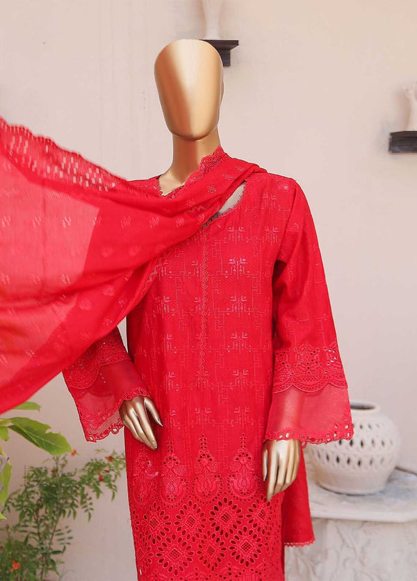 BIN SAEED 3 PIECE - CHICKENKARI COTTON SUIT - RED (PRET)