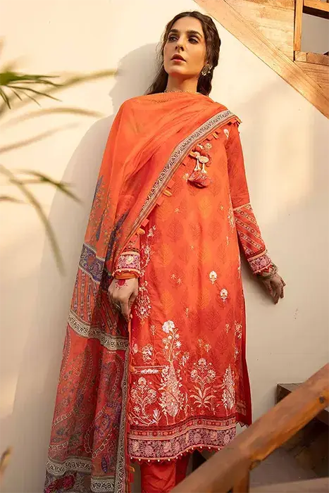 GUL AHMED 3 - PIECE EMBROIDERED LAWN SUIT - ORANGE (UNSTITCHED)