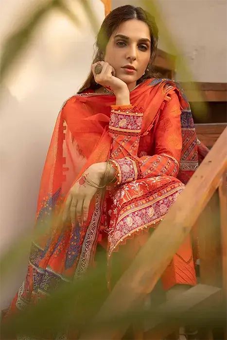 GUL AHMED 3 - PIECE EMBROIDERED LAWN SUIT - ORANGE (UNSTITCHED)