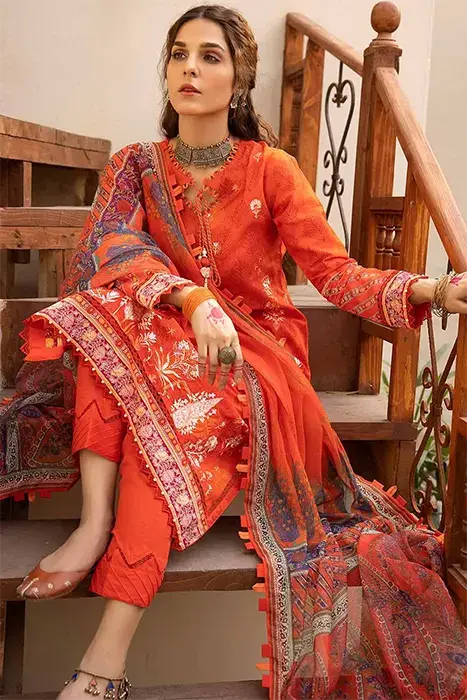 GUL AHMED 3 - PIECE EMBROIDERED LAWN SUIT - ORANGE (UNSTITCHED)