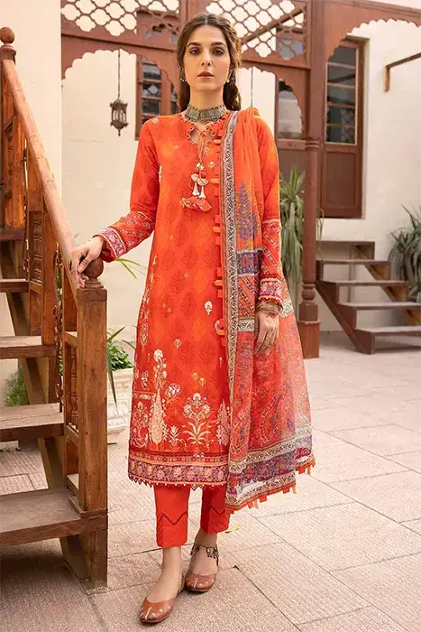 GUL AHMED 3 - PIECE EMBROIDERED LAWN SUIT - ORANGE (UNSTITCHED)