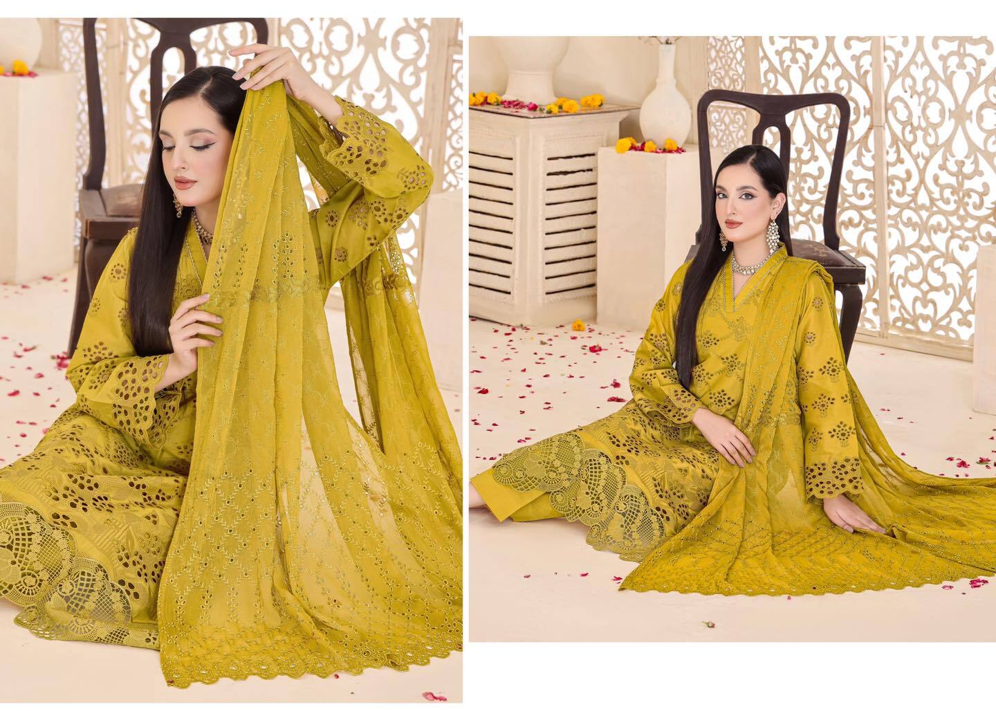 BIN HAMEED Embroidered Chicken-Kari Lawn Suit - Mustard (UNSTITCHED)