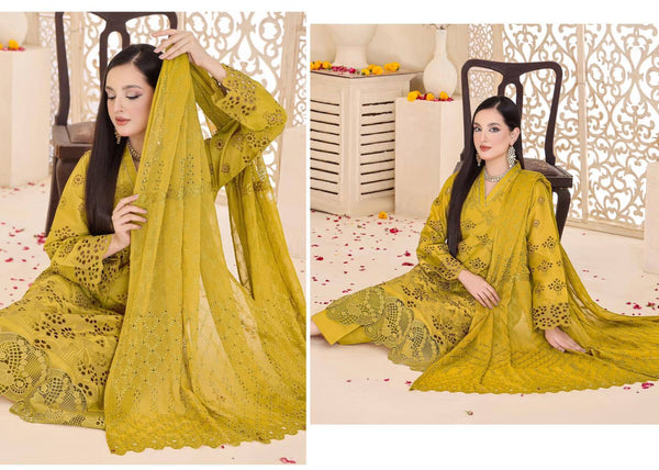 BIN HAMEED Embroidered Chicken-Kari Lawn Suit - Mustard (UNSTITCHED)