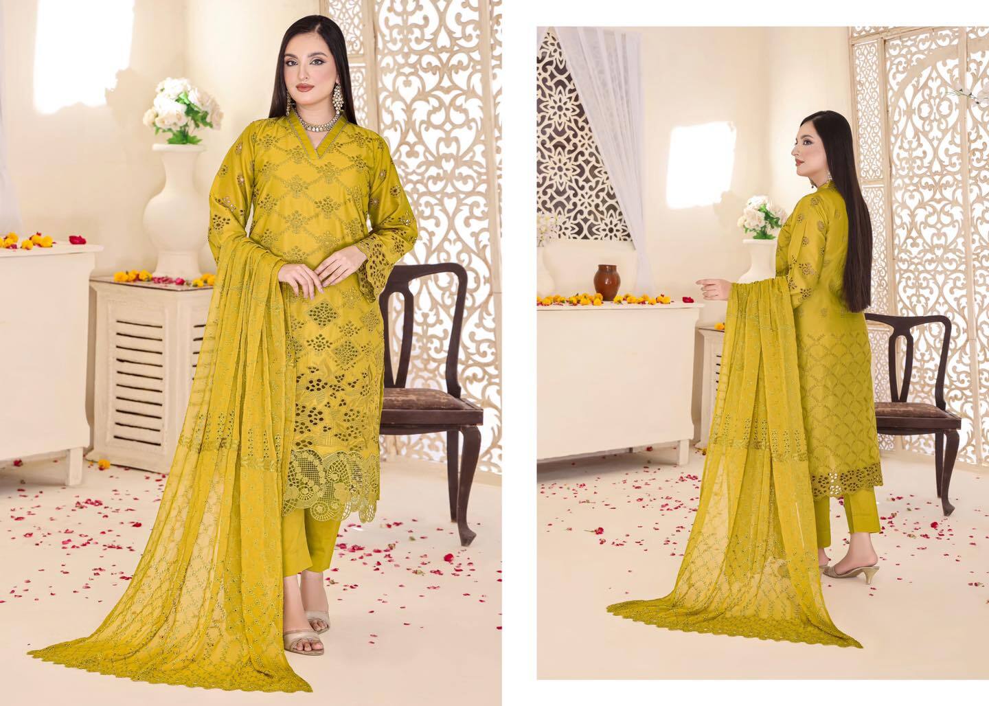 BIN HAMEED Embroidered Chicken-Kari Lawn Suit - Mustard (UNSTITCHED)