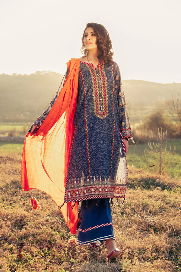 LSM LAKHANY 3 PIECE EMBROIDERED LAWN SUIT - BLUE (UNSTITCHED)