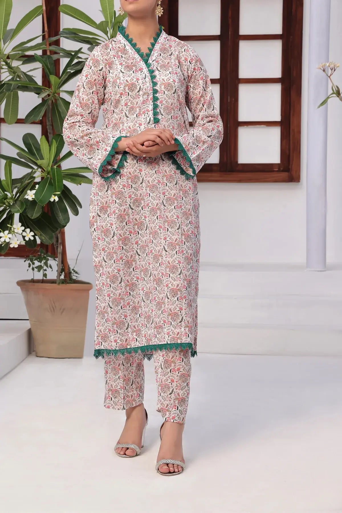 VS Textile Mills Korean Co-ords Printed Lawn Suit - White (UNSTITCHED)