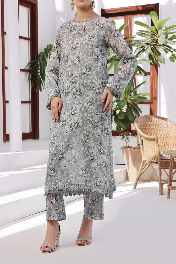 VS Textile Mills Korean Co-ords Printed Lawn Suit - Grey (UNSTITCHED)