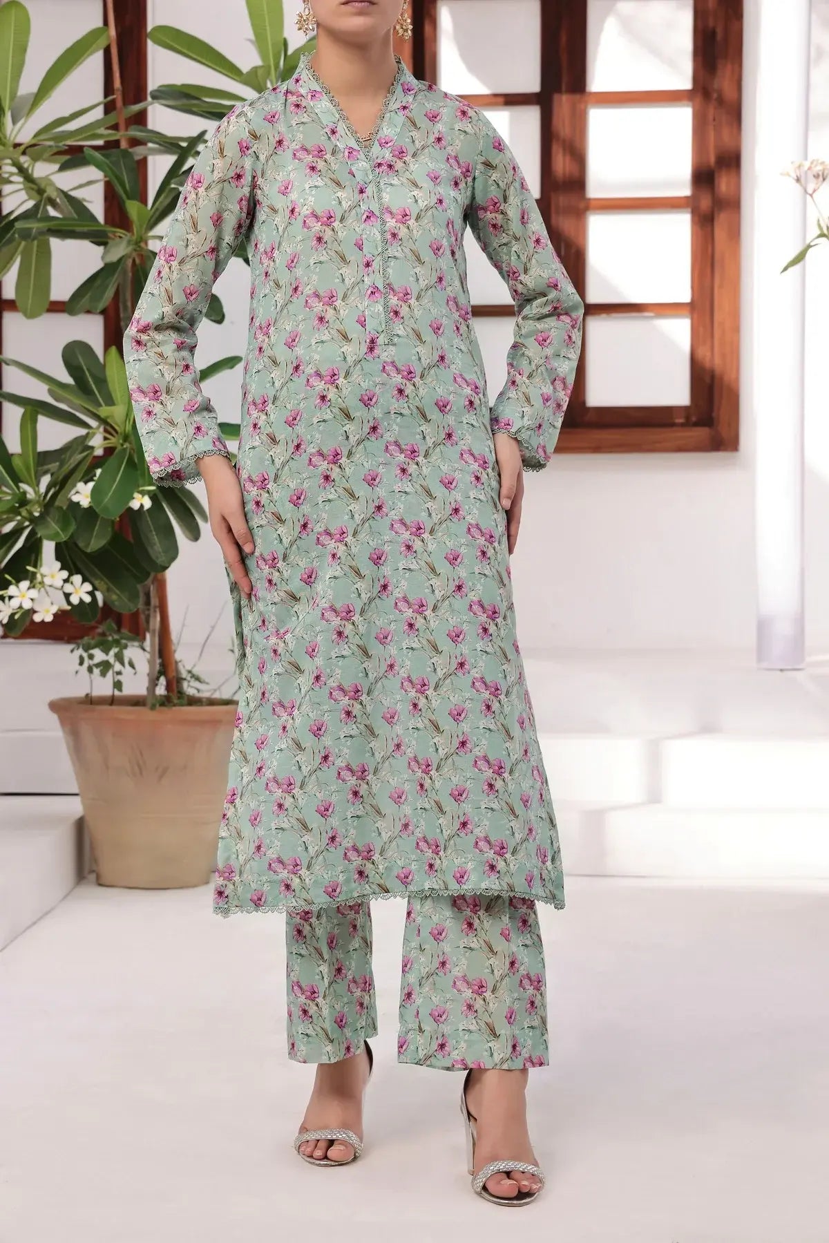 VS Textile Mills Korean Co-ords Printed Lawn Suit - Mint Green (UNSTITCHED)