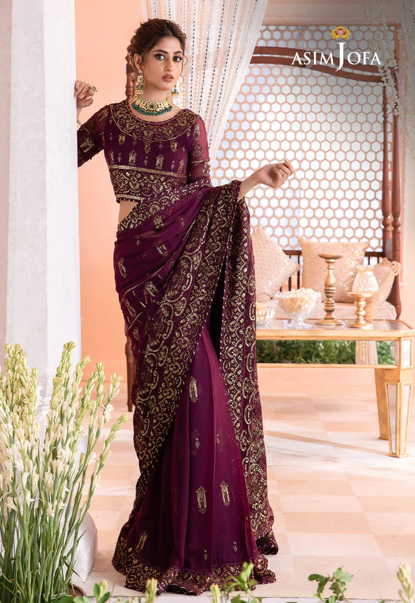 CHANDNI BY ASIM JOFA 3 - PIECE EMBROIDERED CHIFFON SAREE - PURPLE