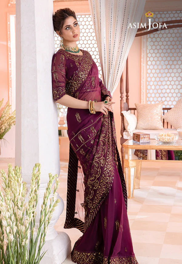 CHANDNI BY ASIM JOFA 3 - PIECE EMBROIDERED CHIFFON SAREE - PURPLE