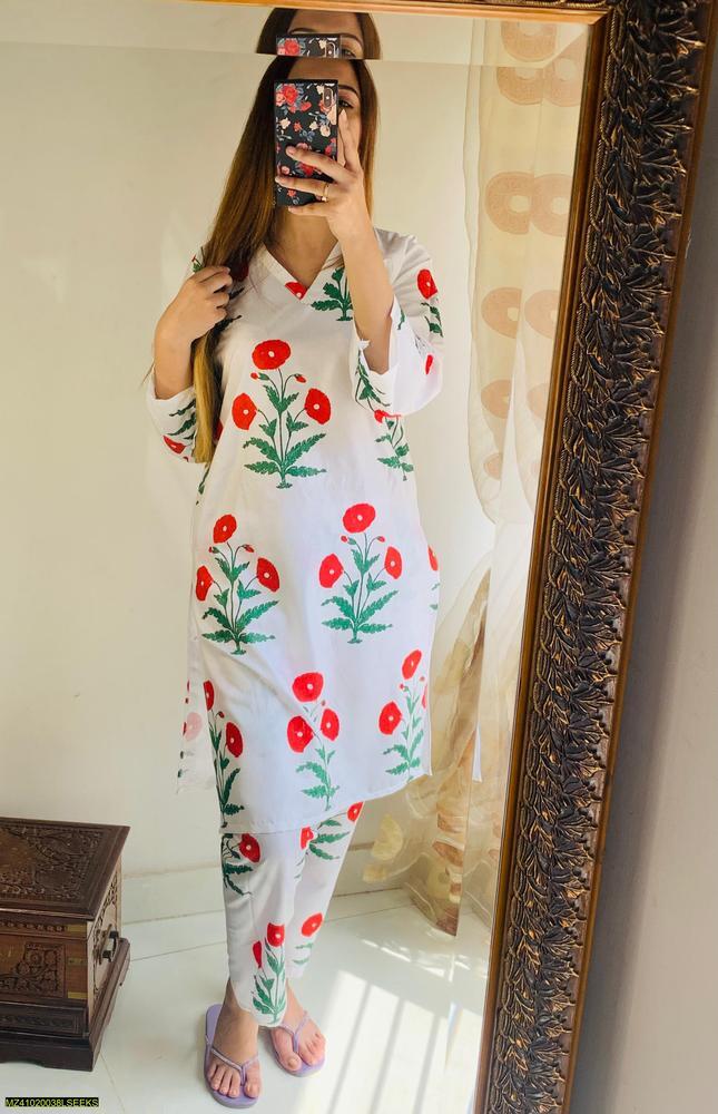 Women's 2 Piece Stitched Printed Linen Suit