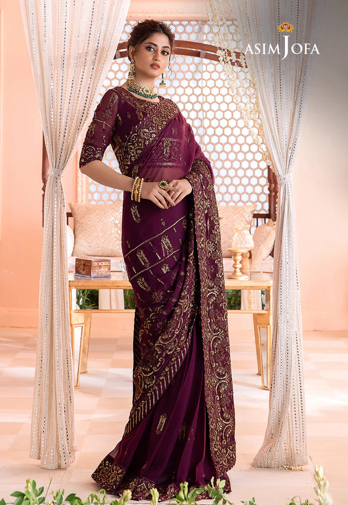 CHANDNI BY ASIM JOFA 3 - PIECE EMBROIDERED CHIFFON SAREE - PURPLE