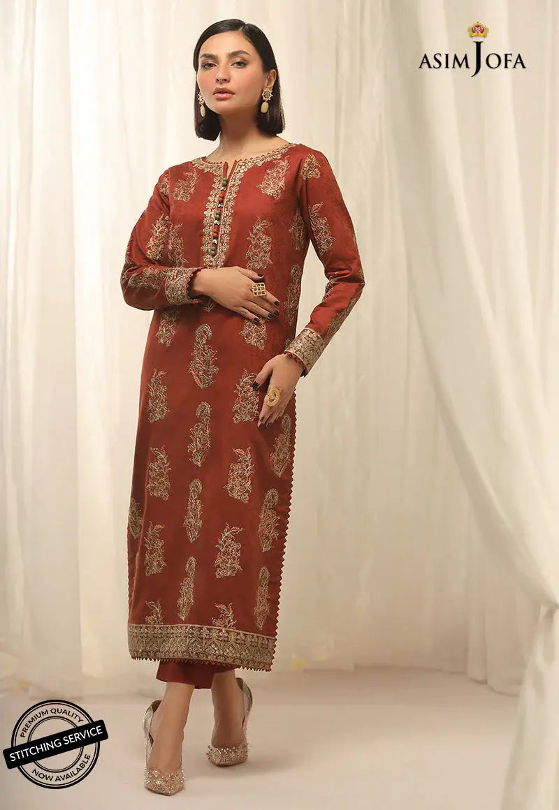 ASIM JOFA - 2 PIECE EMBROIDERED SELF - JACQUARD SUIT -  RED (UNSTITCHED)