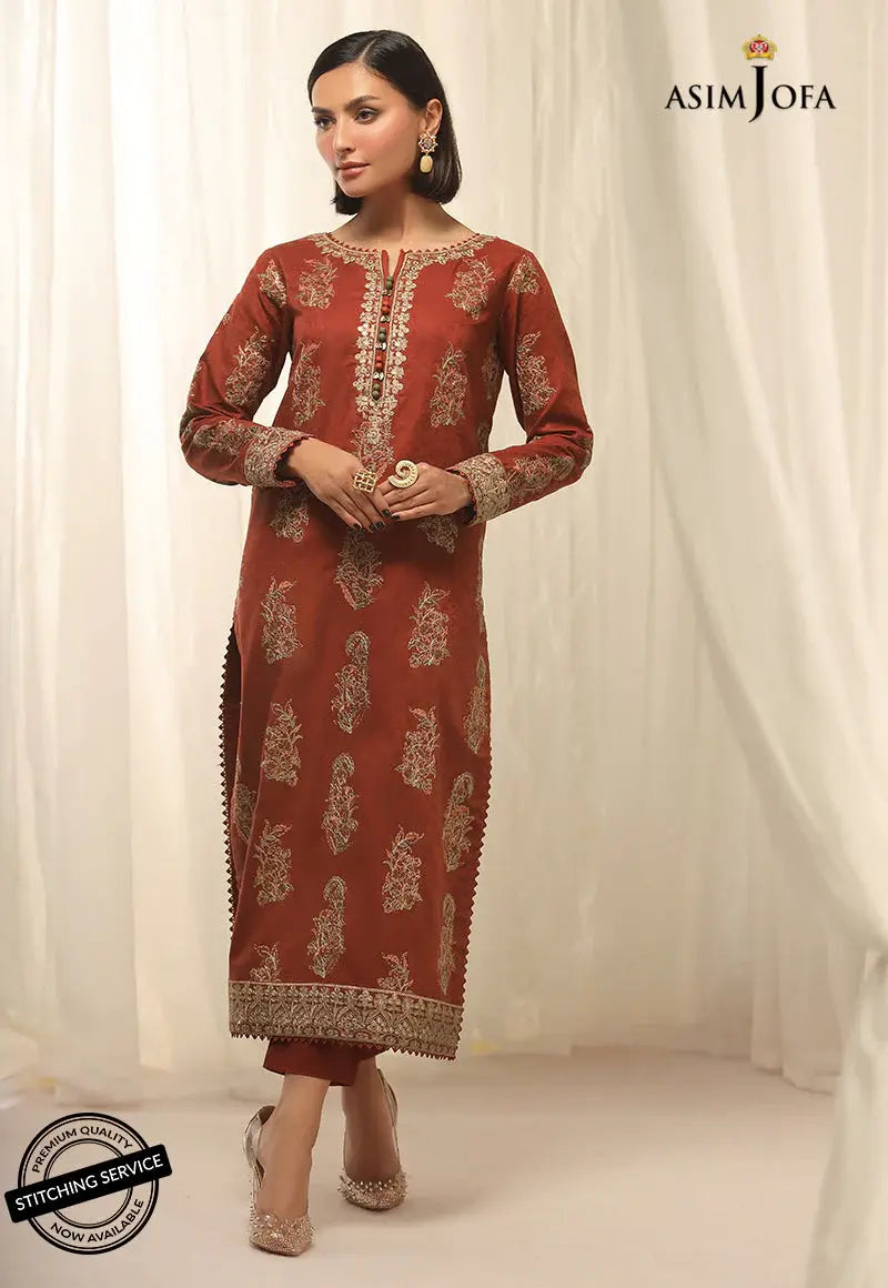 ASIM JOFA - 2 PIECE EMBROIDERED SELF - JACQUARD SUIT -  RED (UNSTITCHED)