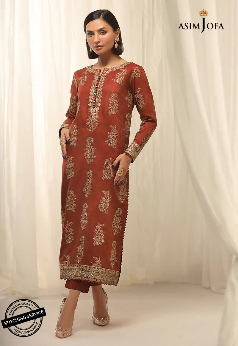 ASIM JOFA - 2 PIECE EMBROIDERED SELF - JACQUARD SUIT -  RED (UNSTITCHED)