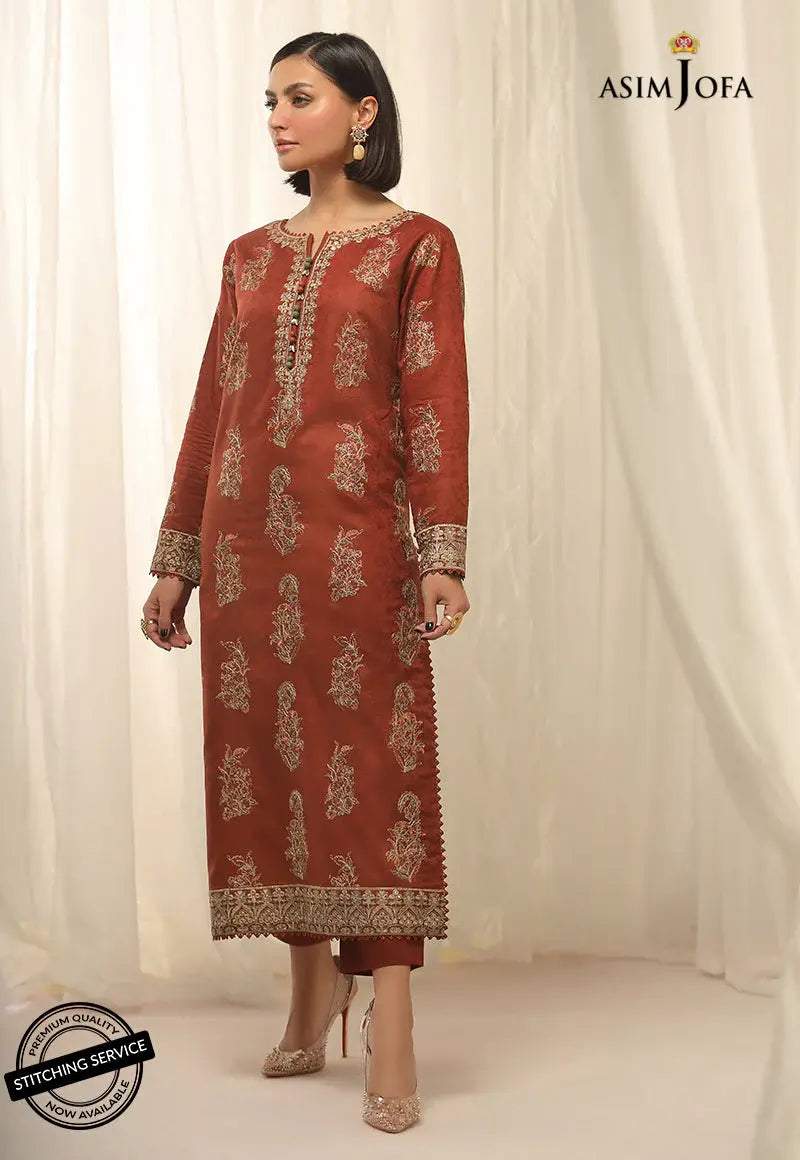 ASIM JOFA - 2 PIECE EMBROIDERED SELF - JACQUARD SUIT -  RED (UNSTITCHED)