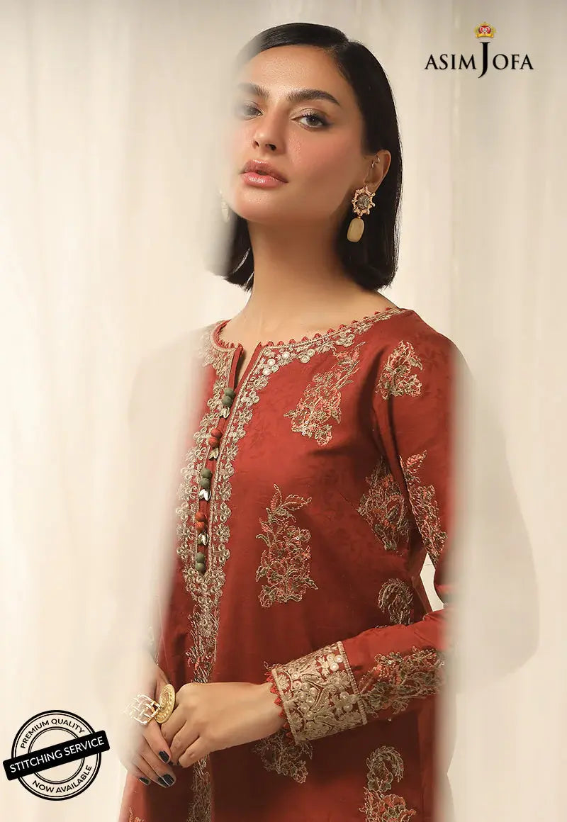 ASIM JOFA - 2 PIECE EMBROIDERED SELF - JACQUARD SUIT -  RED (UNSTITCHED)