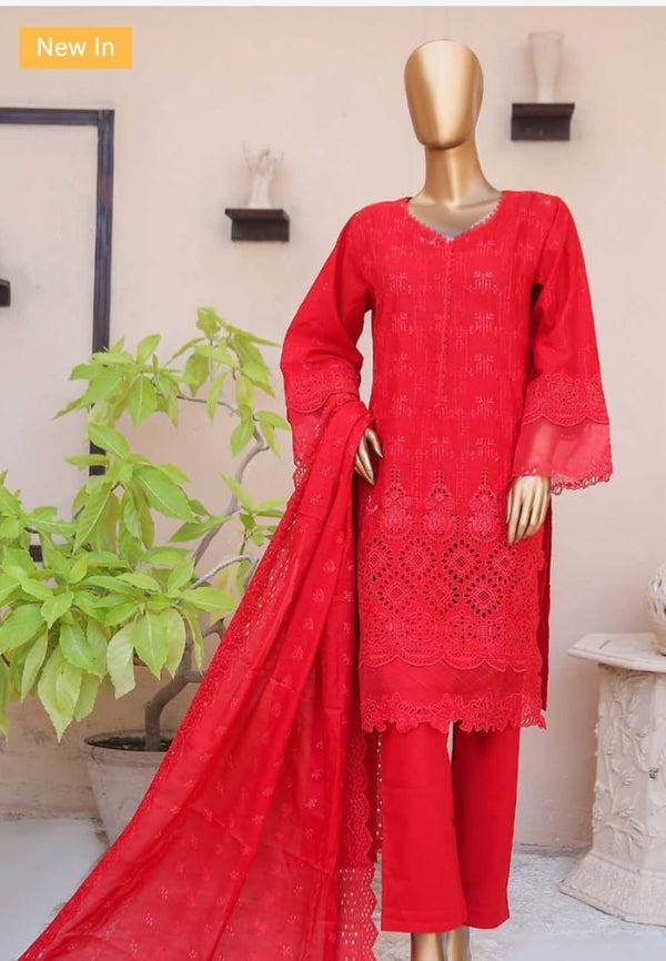 BIN SAEED 3 PIECE - CHICKENKARI COTTON SUIT - RED (PRET)