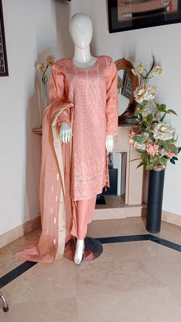 TAIBA APPAREL 3 PIECE - EMBROIDERED ORGANZA SUIT - PEACH (PRET)