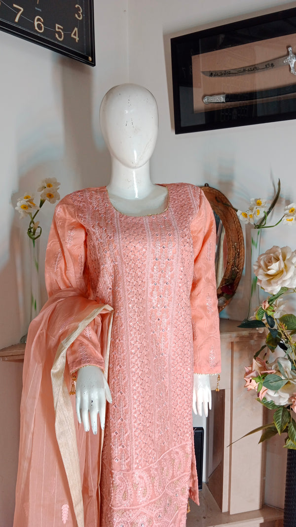 TAIBA APPAREL 3 PIECE - EMBROIDERED ORGANZA SUIT - PEACH (PRET)