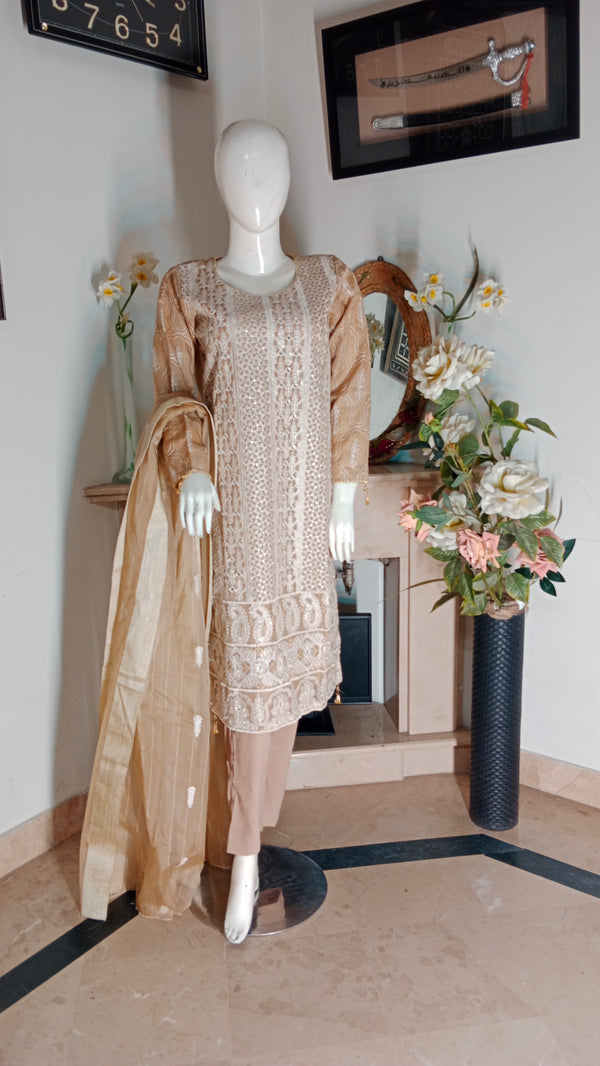 TAIBA APPAREL 3 PIECE - EMBROIDERED ORGANZA SUIT - SKIN (PRET) 