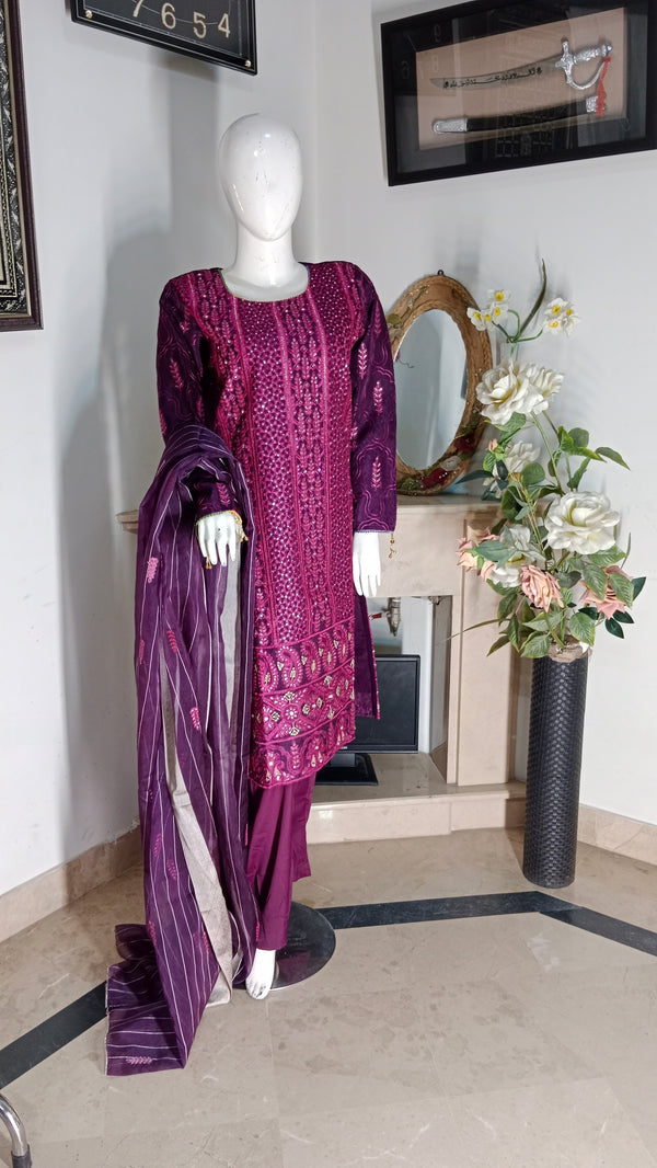 TAIBA APPAREL 3 PIECE - EMBROIDERED ORGANZA SUIT - PURLE (PRET)