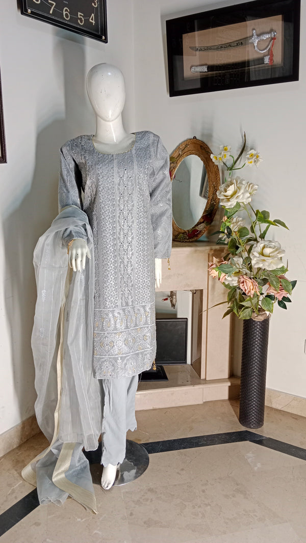 TAIBA APPAREL 3 PIECE - EMBROIDERED ORGANZA SUIT - GREY (PRET)