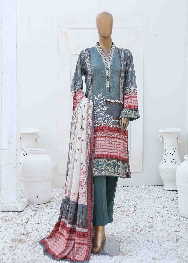 BIN SAEED 3 - PIECE EMBROIDERED LINEN SUIT - GREY (PRET)