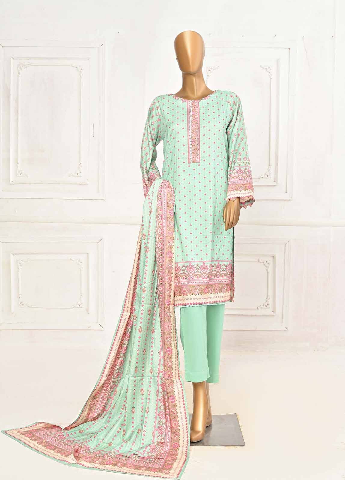 BIN SAEED 3 - PIECE PRINTED LINEN SUIT - MINT GREEN (PRET)