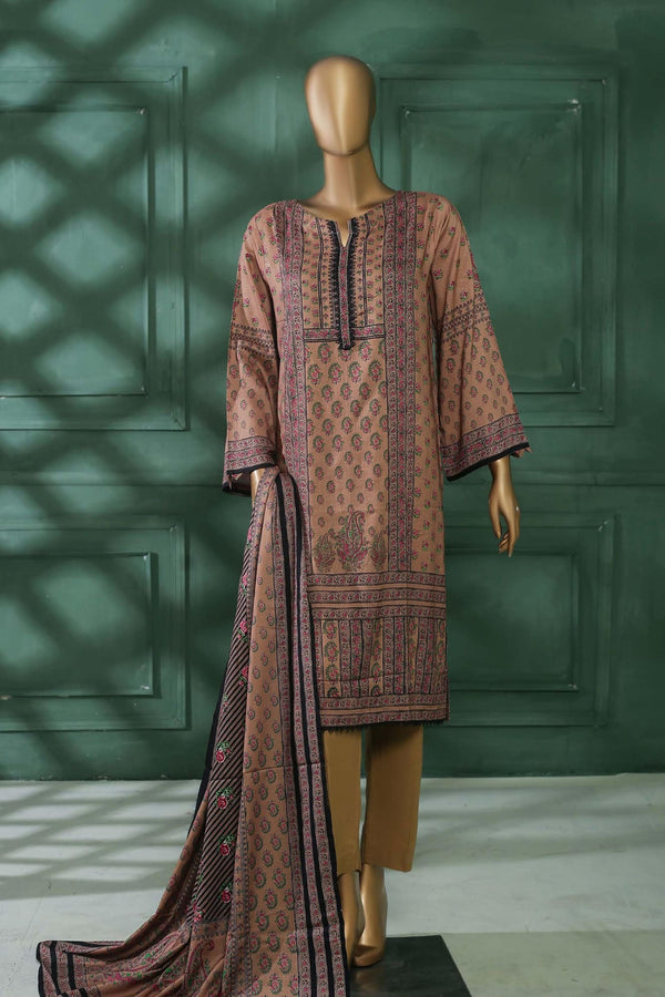 BIN SAEED 3 - PIECE PRINTED LINEN SUIT - BROWN (PRET)