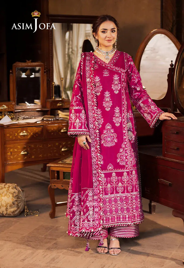 ASIM JOFA - 3 PIECE EMBROIDERED PAPER COTTON ANGRAKHA - MAGENTA (UNSTITCHED)