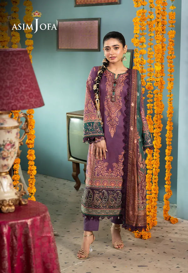 ASIM JOFA - 3 PIECE PRINTED JACQUARD SUIT - PURPLE (UNSTITCHED)