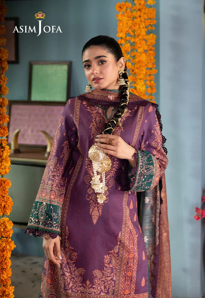 ASIM JOFA - 3 PIECE PRINTED JACQUARD SUIT - PURPLE (UNSTITCHED)